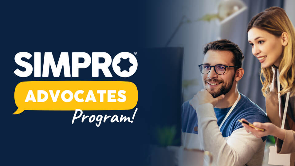 Two people looking at computer and Simpro Advocates logo